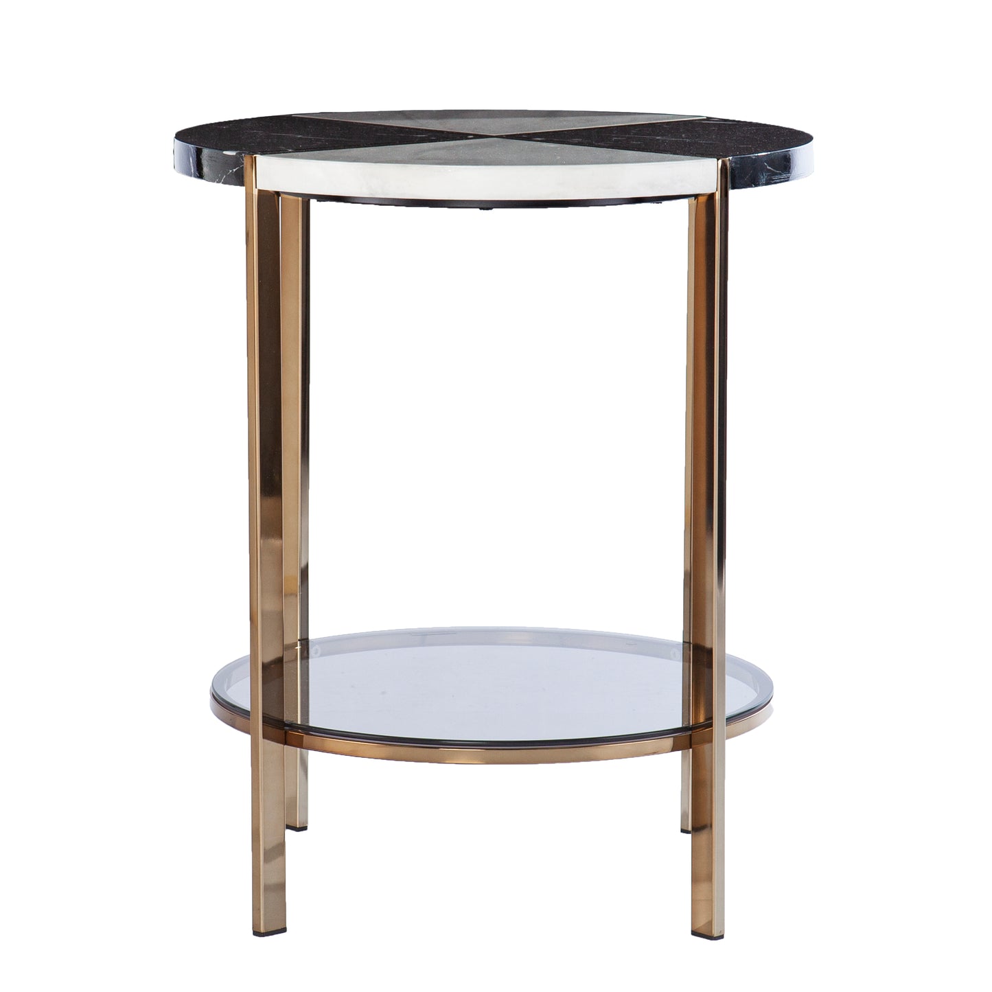 Round marble top side table with geometric pattern and gold legs
