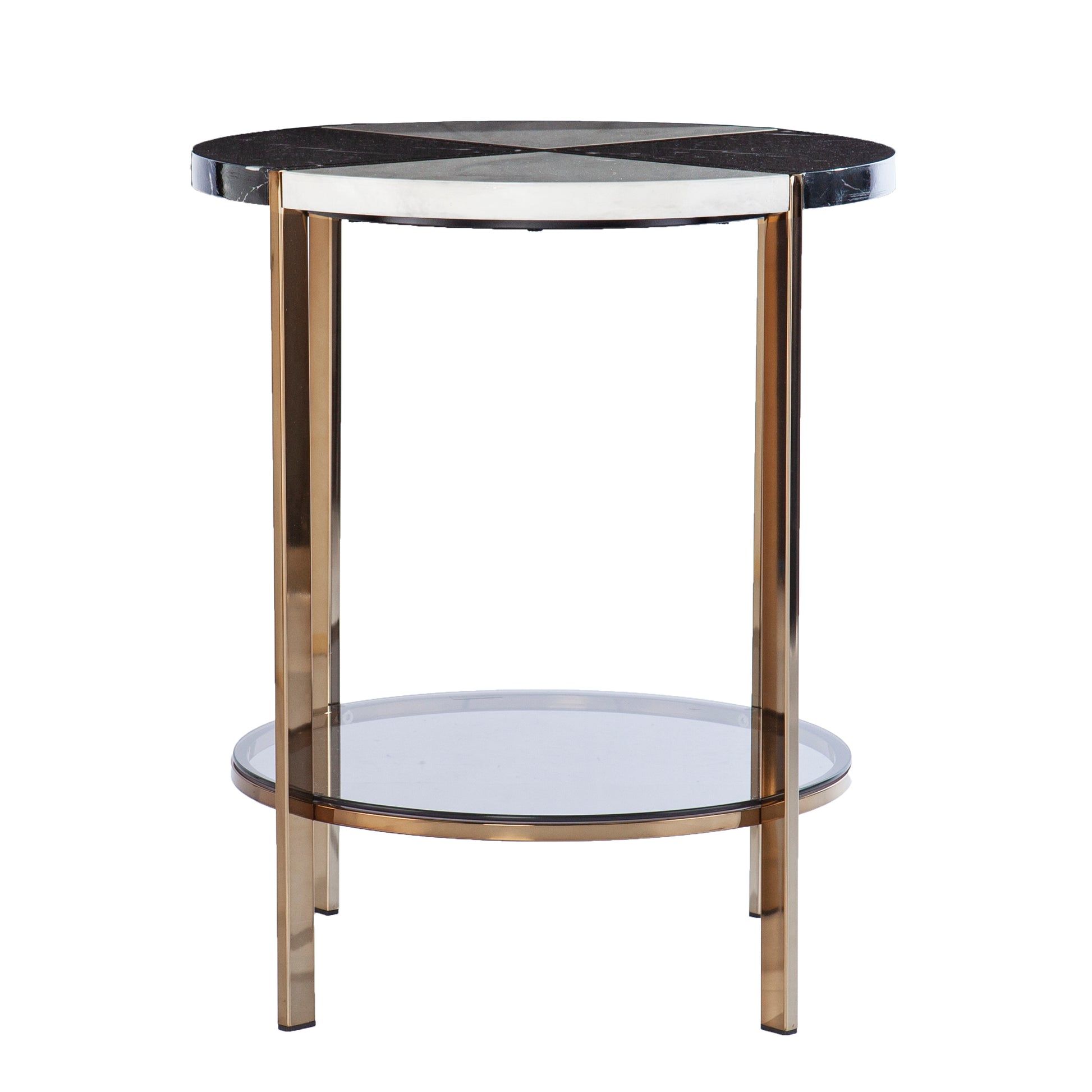 Round marble top side table with geometric pattern and gold legs