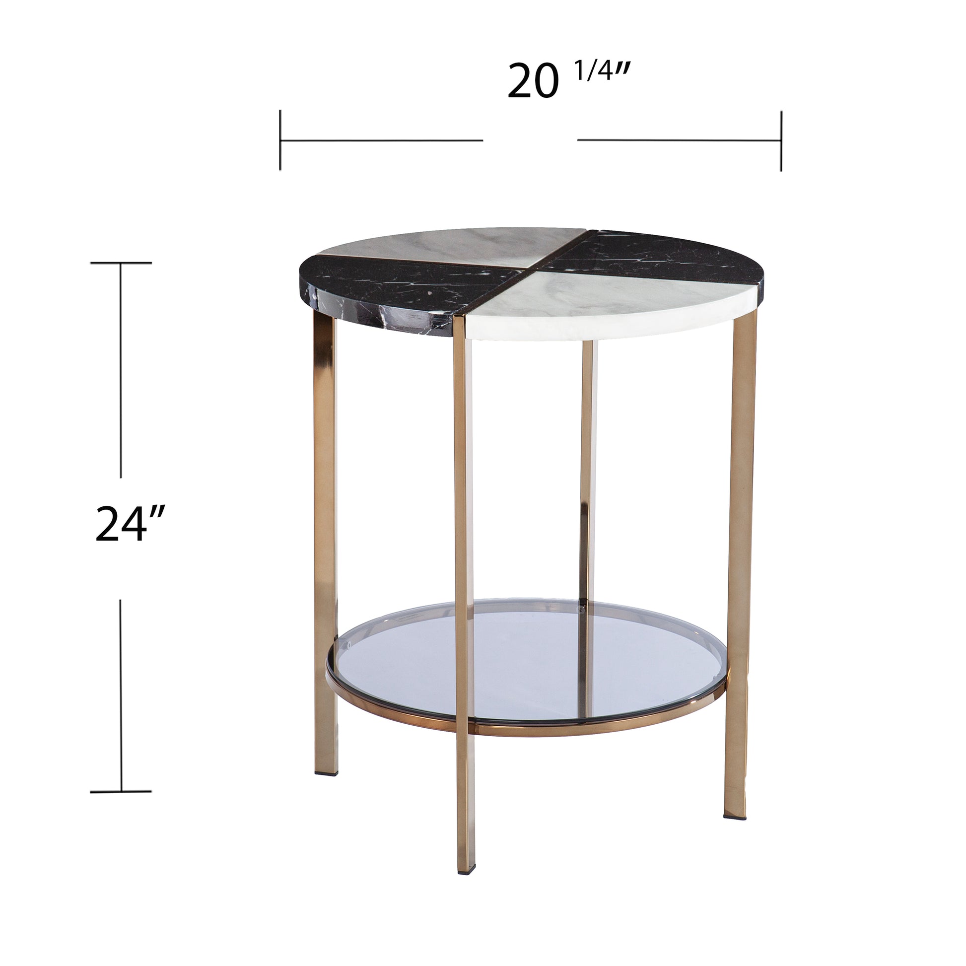 Round marble accent table with gold legs and glass shelf