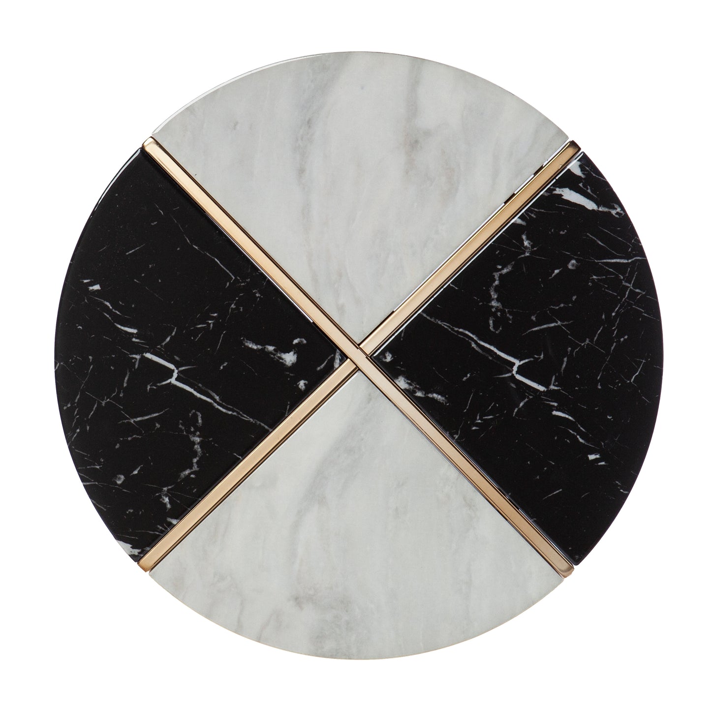 Round marble coffee table top with black and white sections and gold trim
