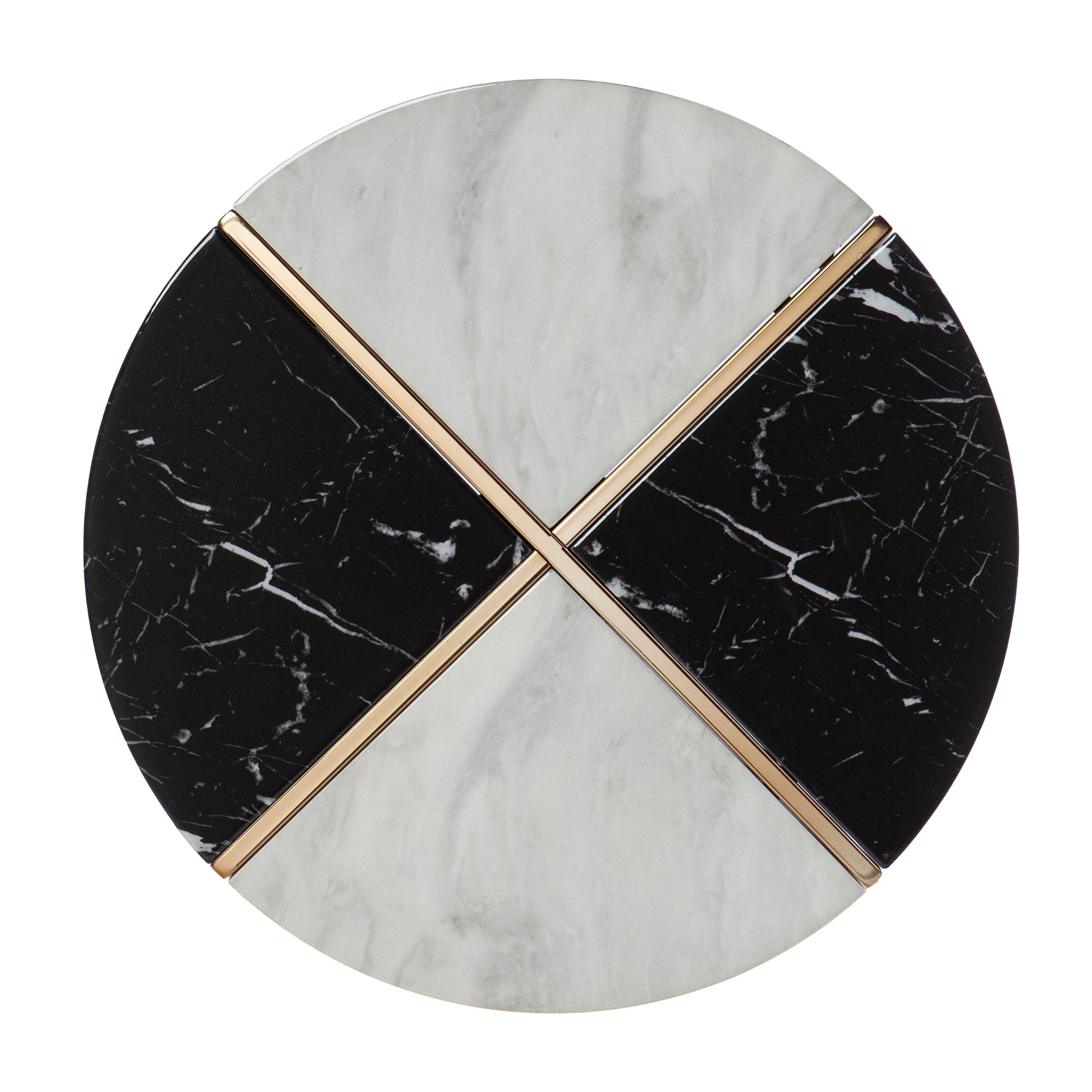 Round marble coffee table top with black and white sections and gold trim