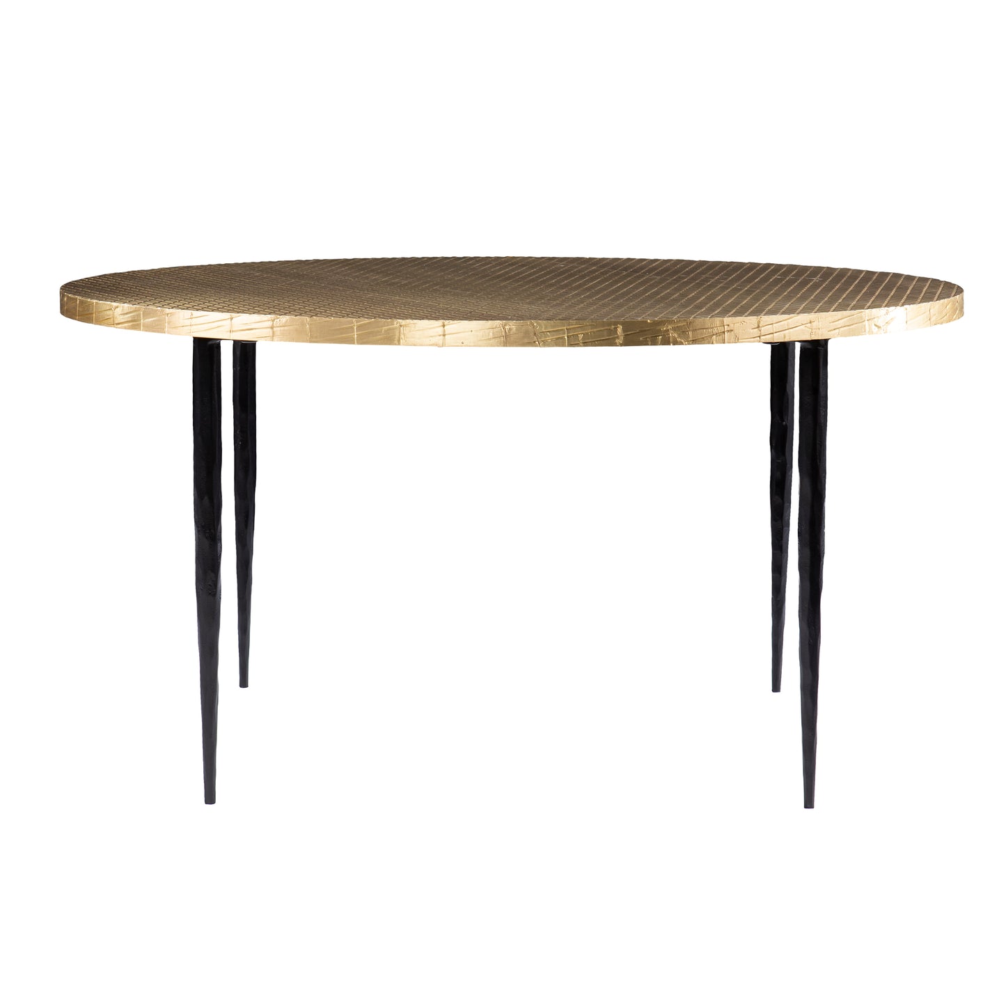 Round gold textured metal coffee table with black tapered legs