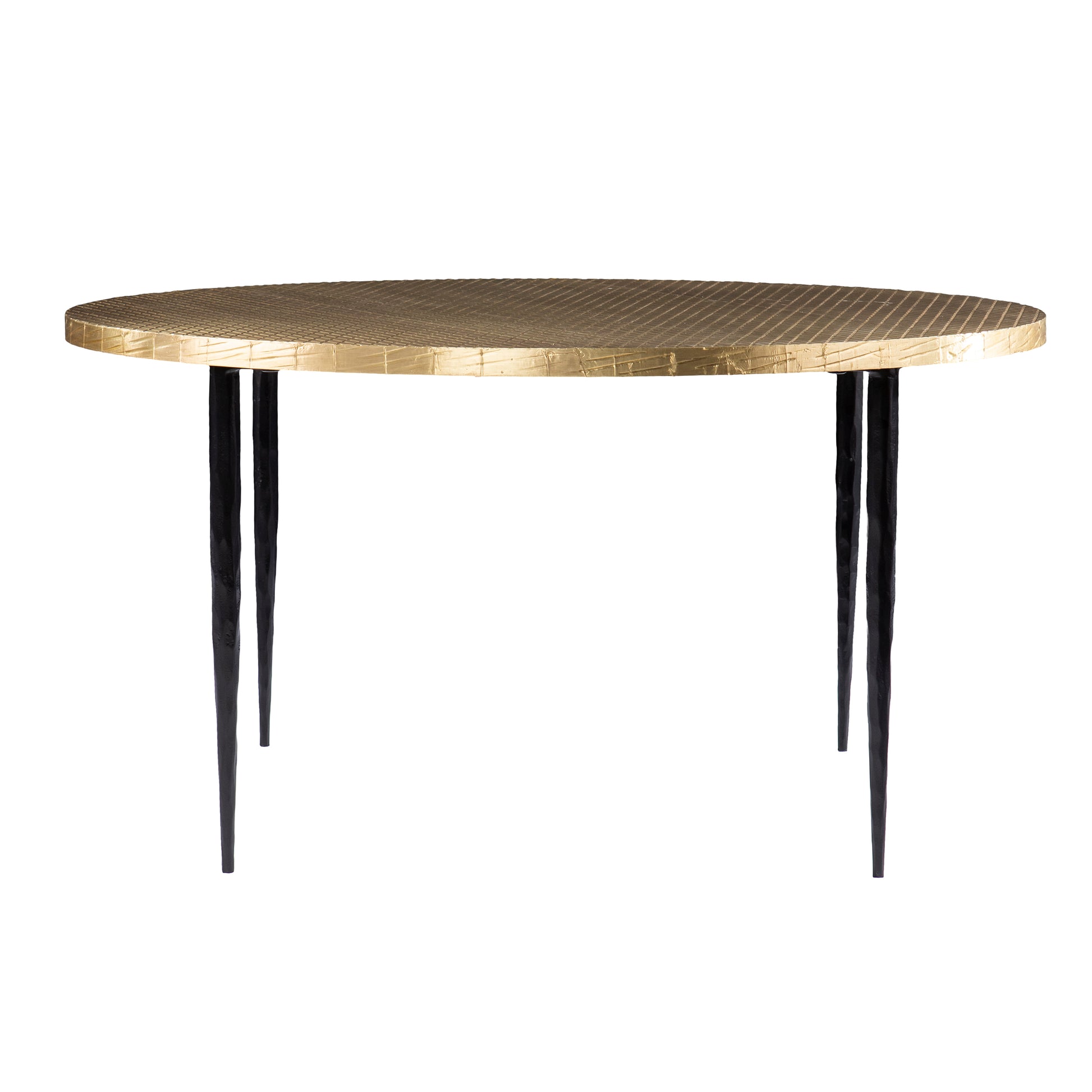 Round gold textured metal coffee table with black tapered legs
