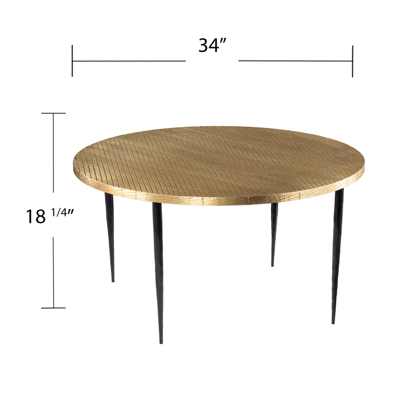 Round gold metal accent table with textured top and slim black legs  inch diameter