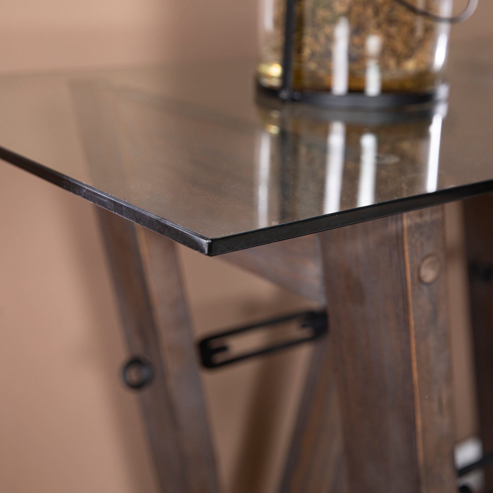 Dark stained wood bar table with tempered glass top modern industrial style