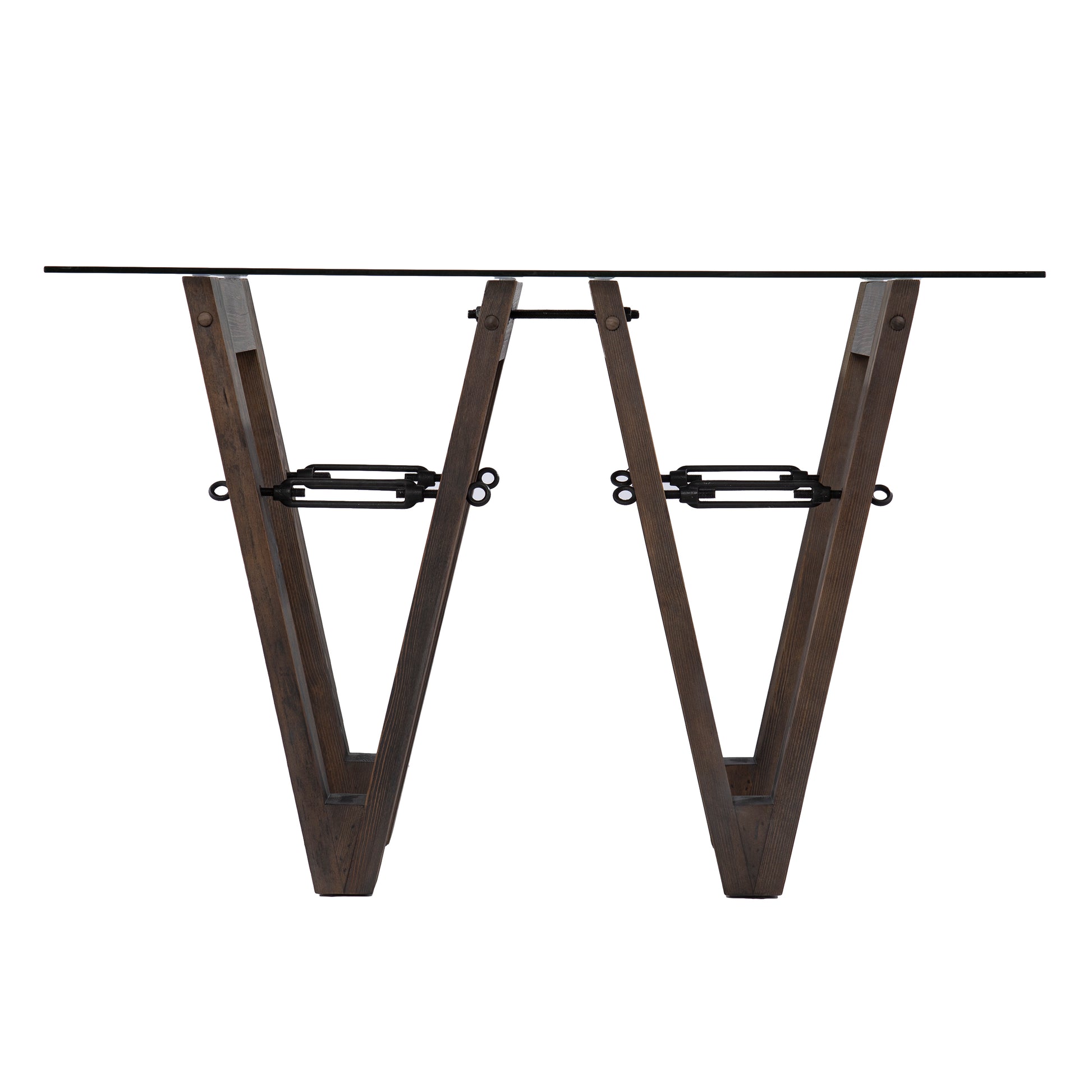 Modern dark wood console table with glass top and industrial metal accents