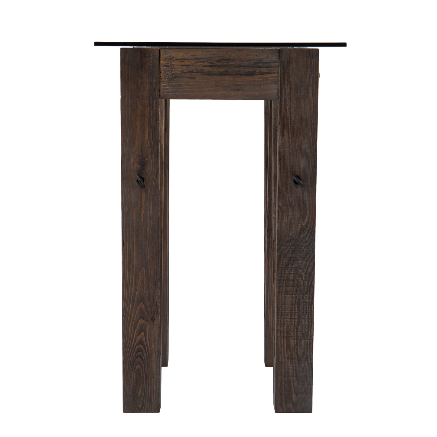 Rustic dark wood side table with a clear glass top