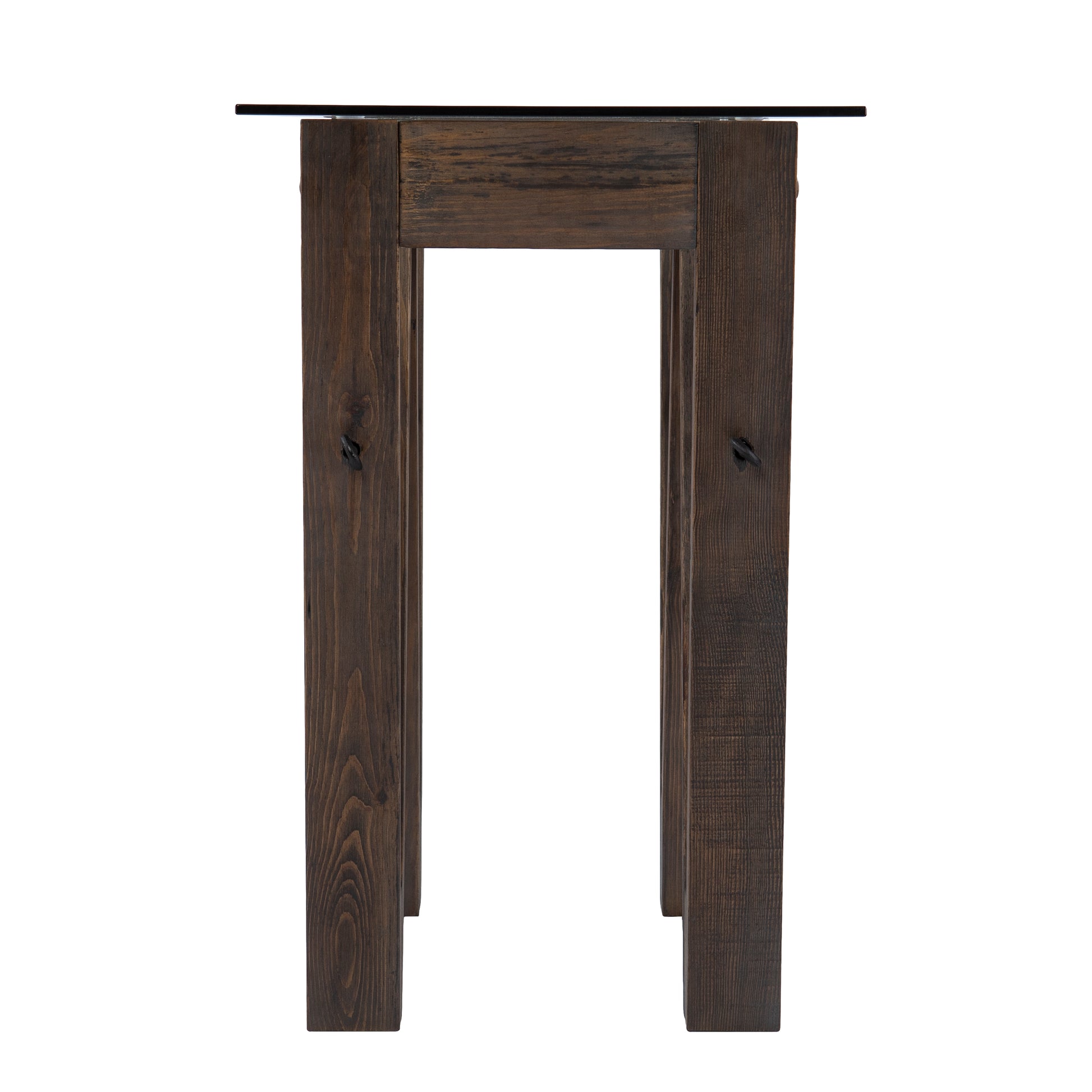 Rustic dark wood side table with a clear glass top