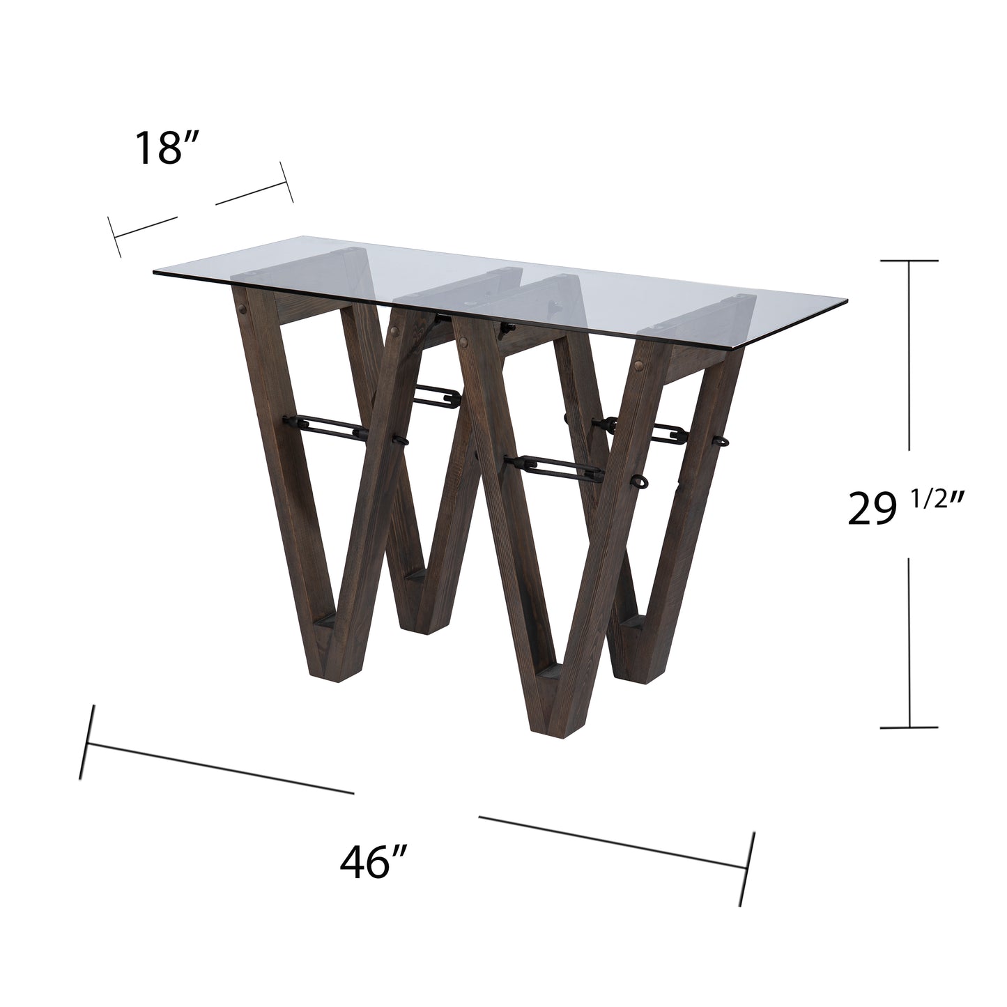 Modern console table with a dark wood geometric base and glass top