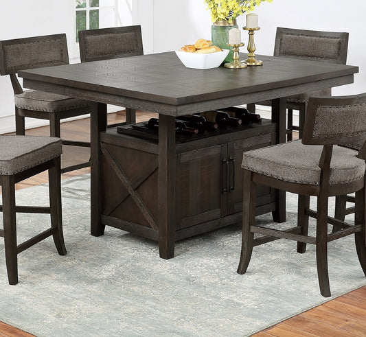 Dark wood counter height table with wine rack and four upholstered stools