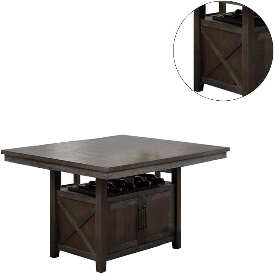 Dark wood dining table with builtin wine rack and cabinet