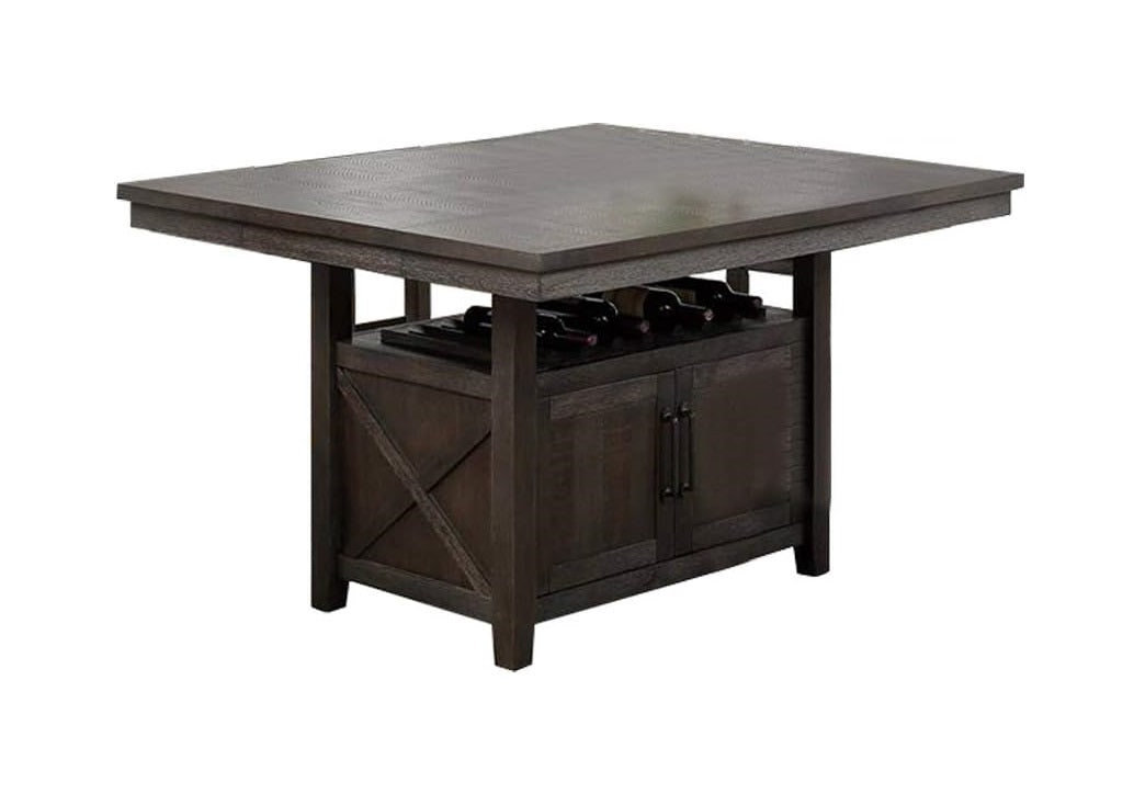 Dark oak kitchen island with builtin wine rack and cabinet