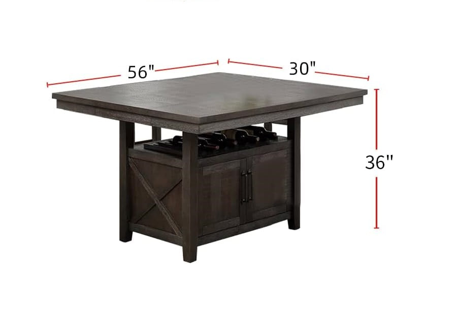 Dark wood bar table with wine rack and cabinet storage
