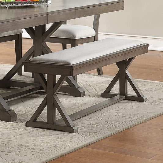 Gray upholstered dining bench with dark wood Xbase legs