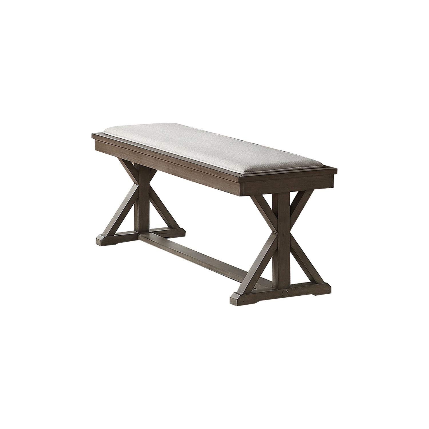 Gray upholstered wooden bench with Xframe legs