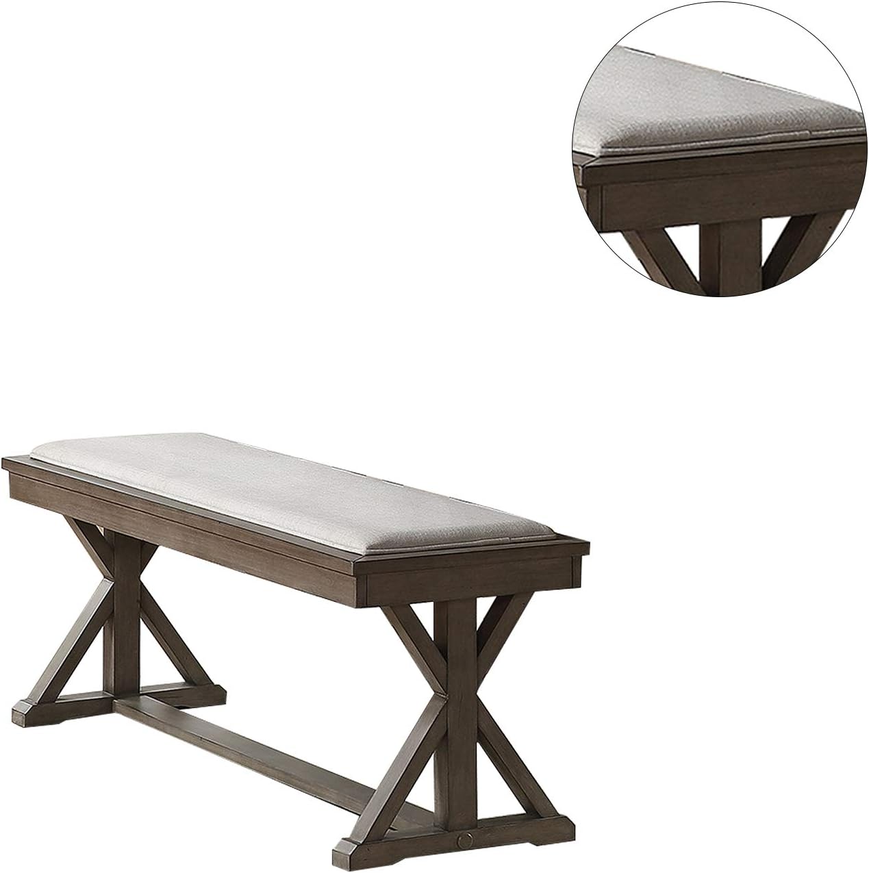 Dark brown wooden bench with grey upholstered seat