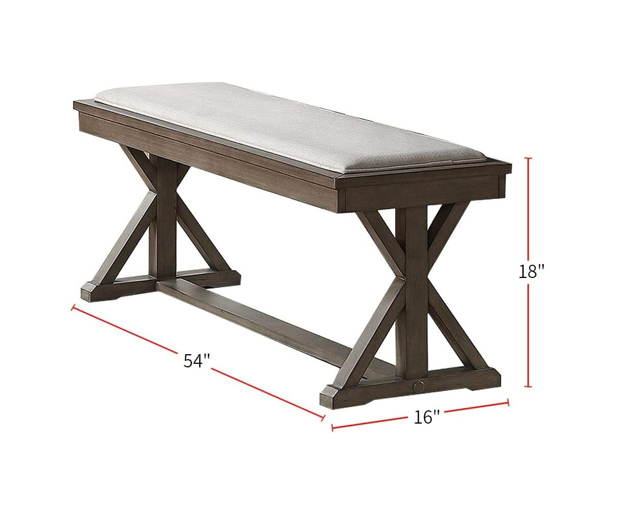 Gray upholstered wooden bench with Xleg base