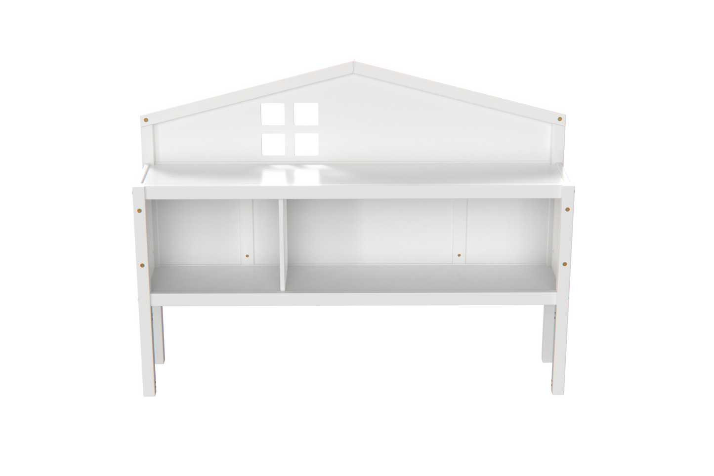 White wooden play kitchen shelf unit with house roof detail