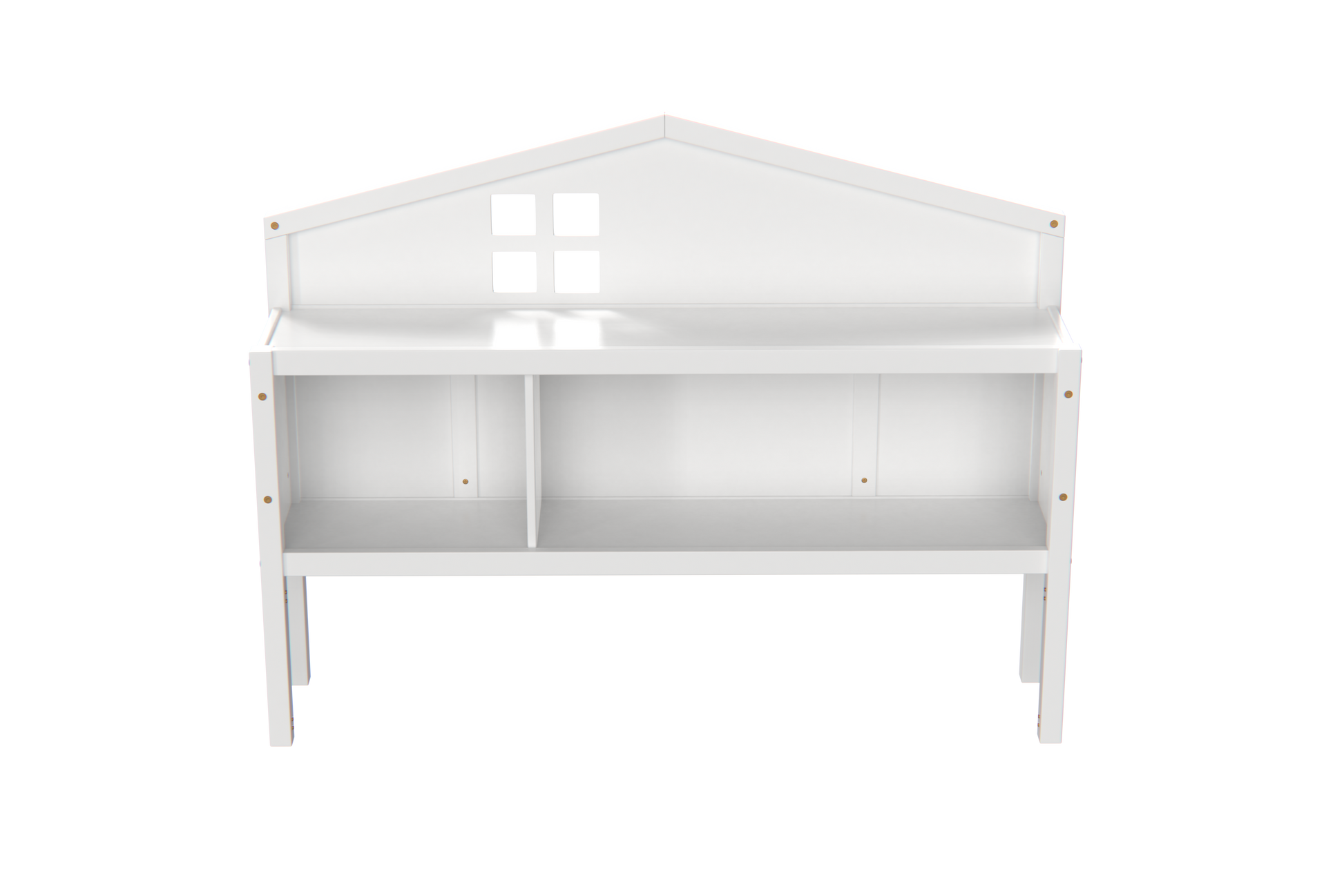 White wooden play kitchen shelf unit with house roof detail