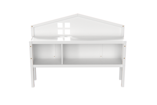 White wooden play kitchen shelf unit with house roof detail