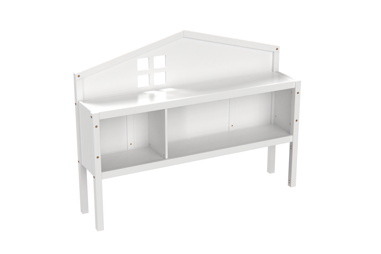 White wooden play kitchen counter with divided storage shelves and a houseshaped top