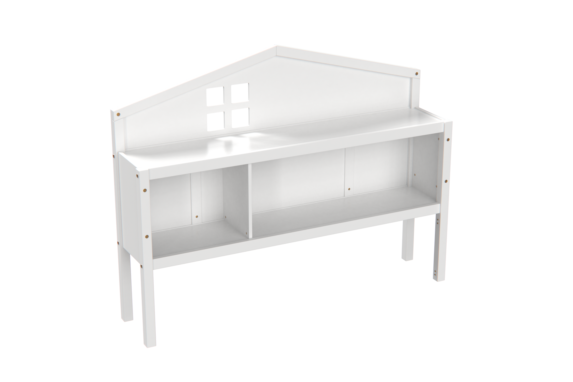 White wooden play kitchen counter with divided storage shelves and a houseshaped top