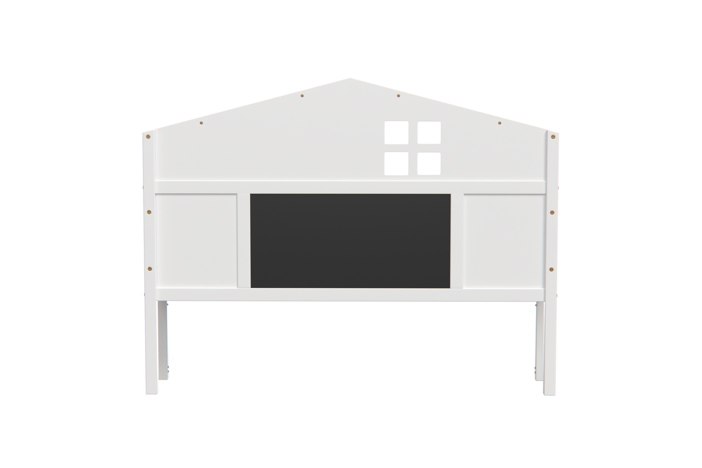 White wooden bed frame with houseshaped headboard and chalkboard panel