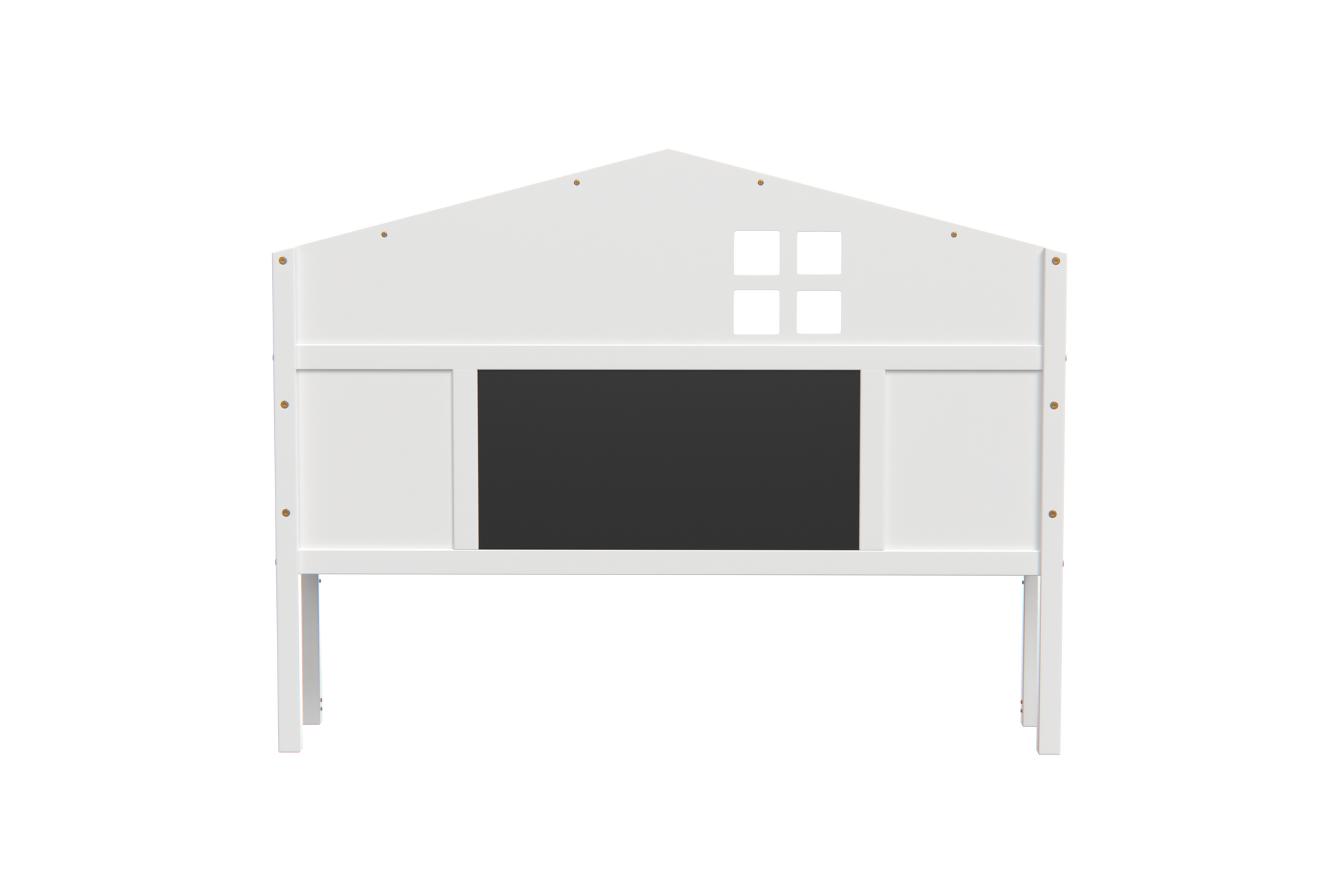 White wooden bed frame with houseshaped headboard and chalkboard panel