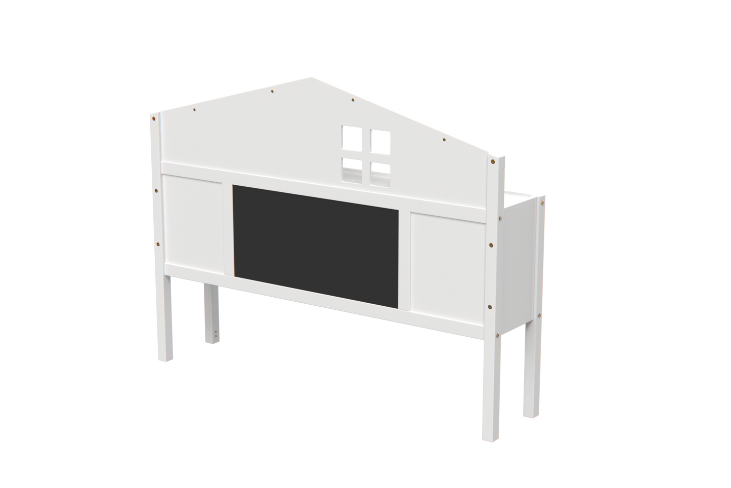White wooden childrens bed frame with house design and chalkboard