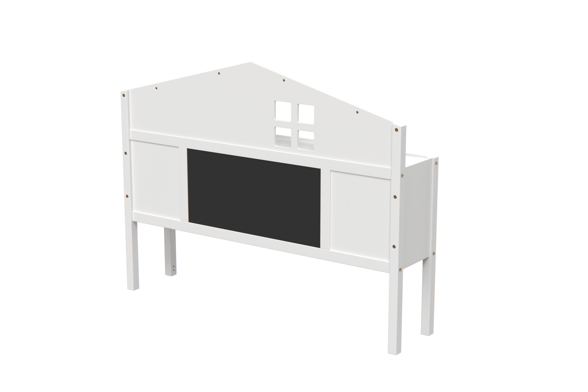 White wooden childrens bed frame with house design and chalkboard