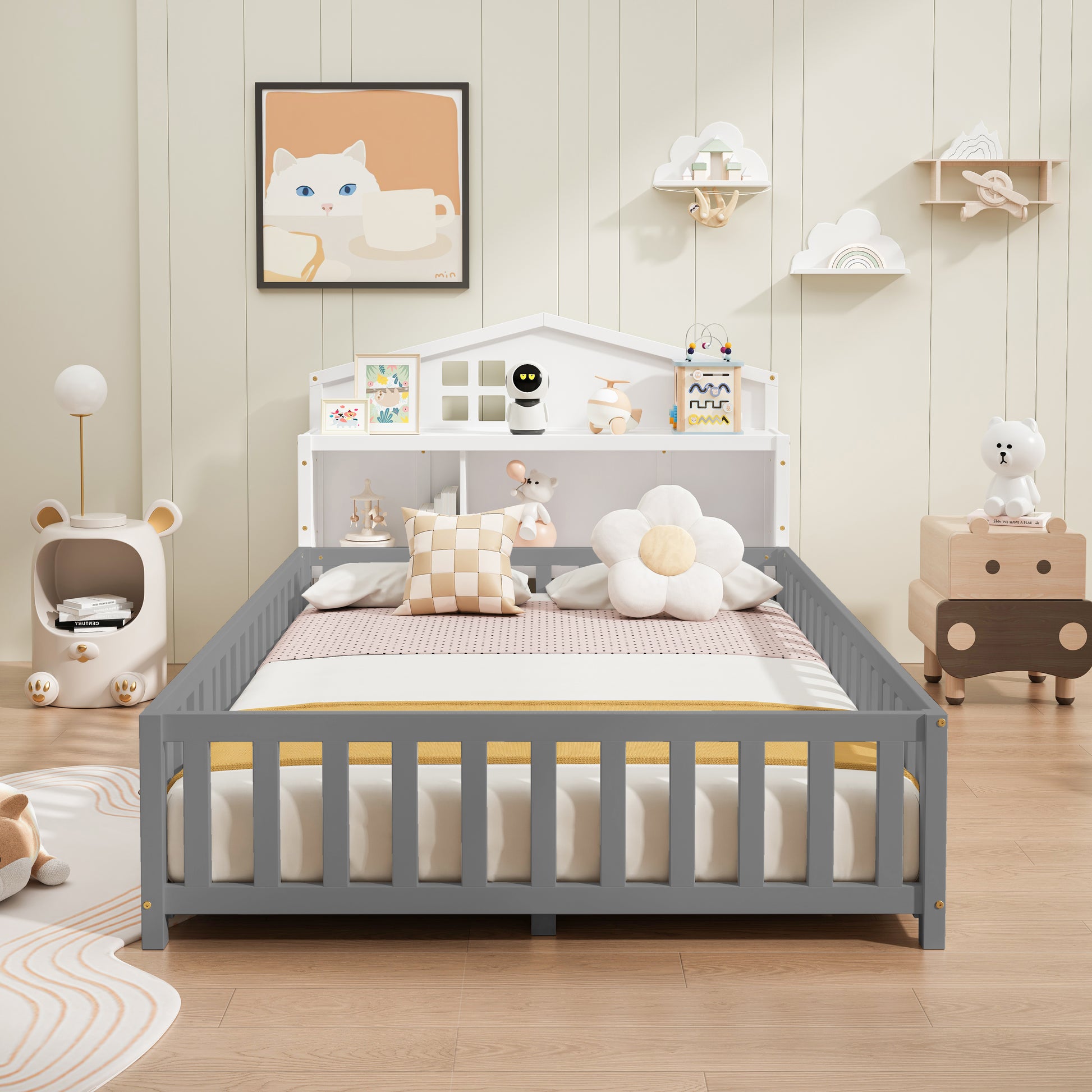 Gray wooden toddler bed with houseshaped headboard and storage
