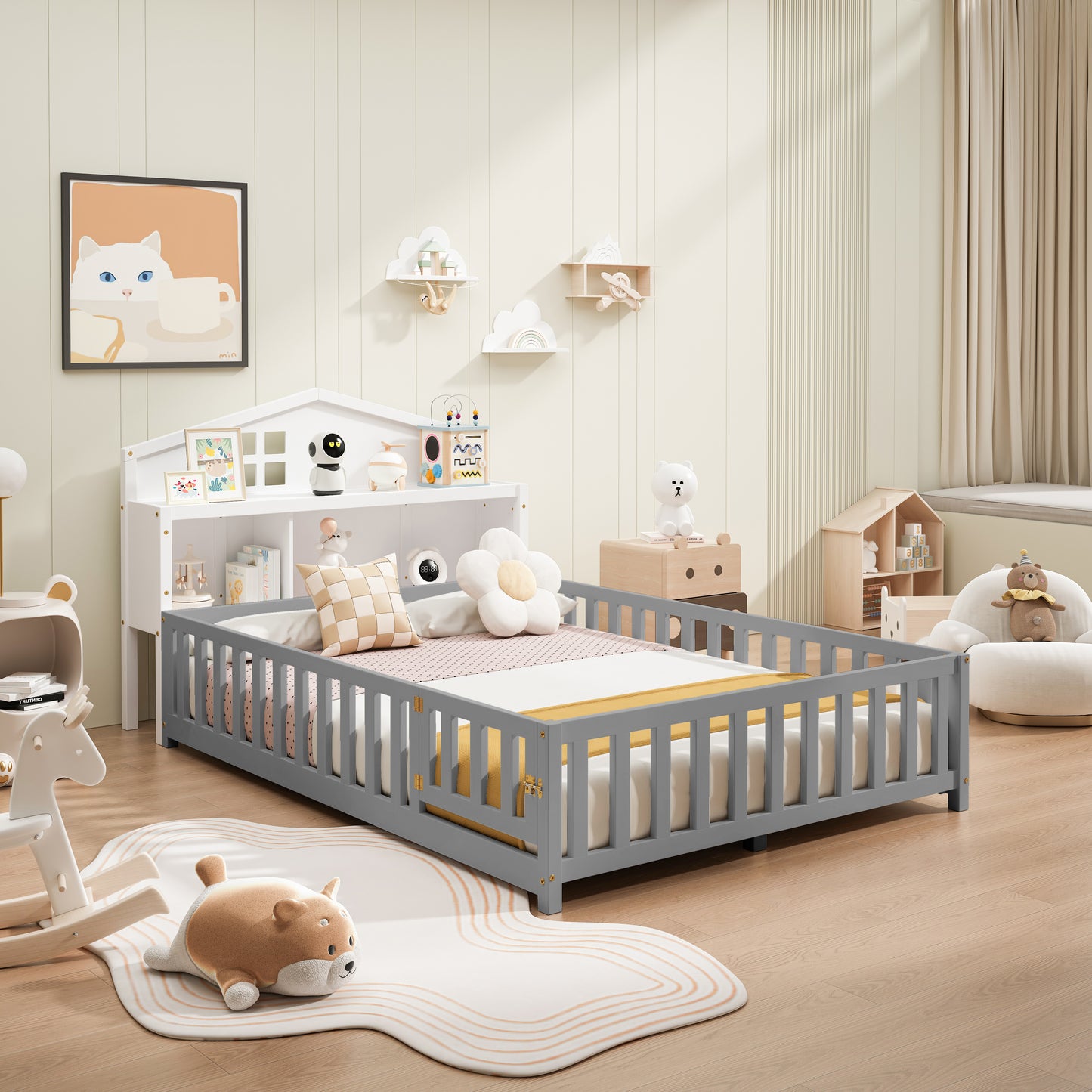 Gray toddler bed frame with side rails
