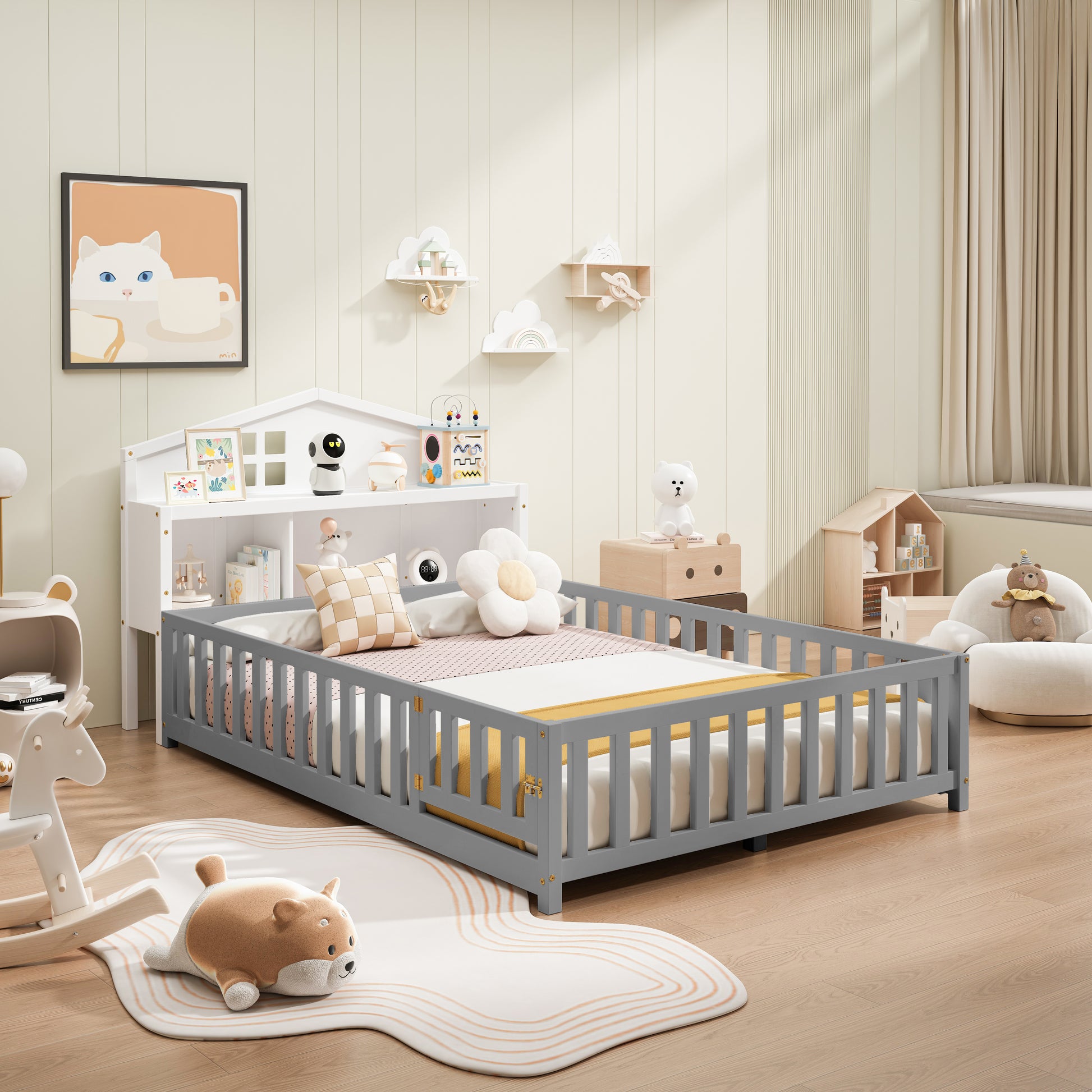 Gray toddler bed frame with side rails