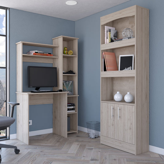 Light oak computer desk with hutch and side shelving unit for office organization