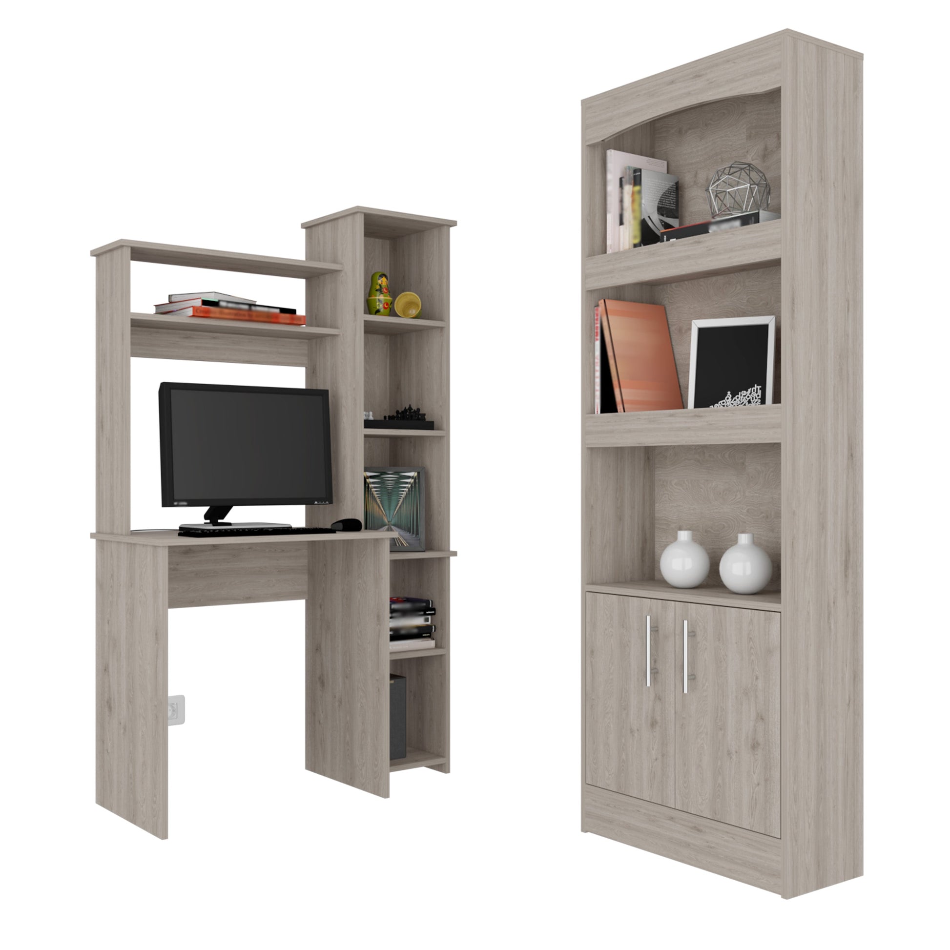 Light brown wood computer desk with shelving and a separate bookshelf unit