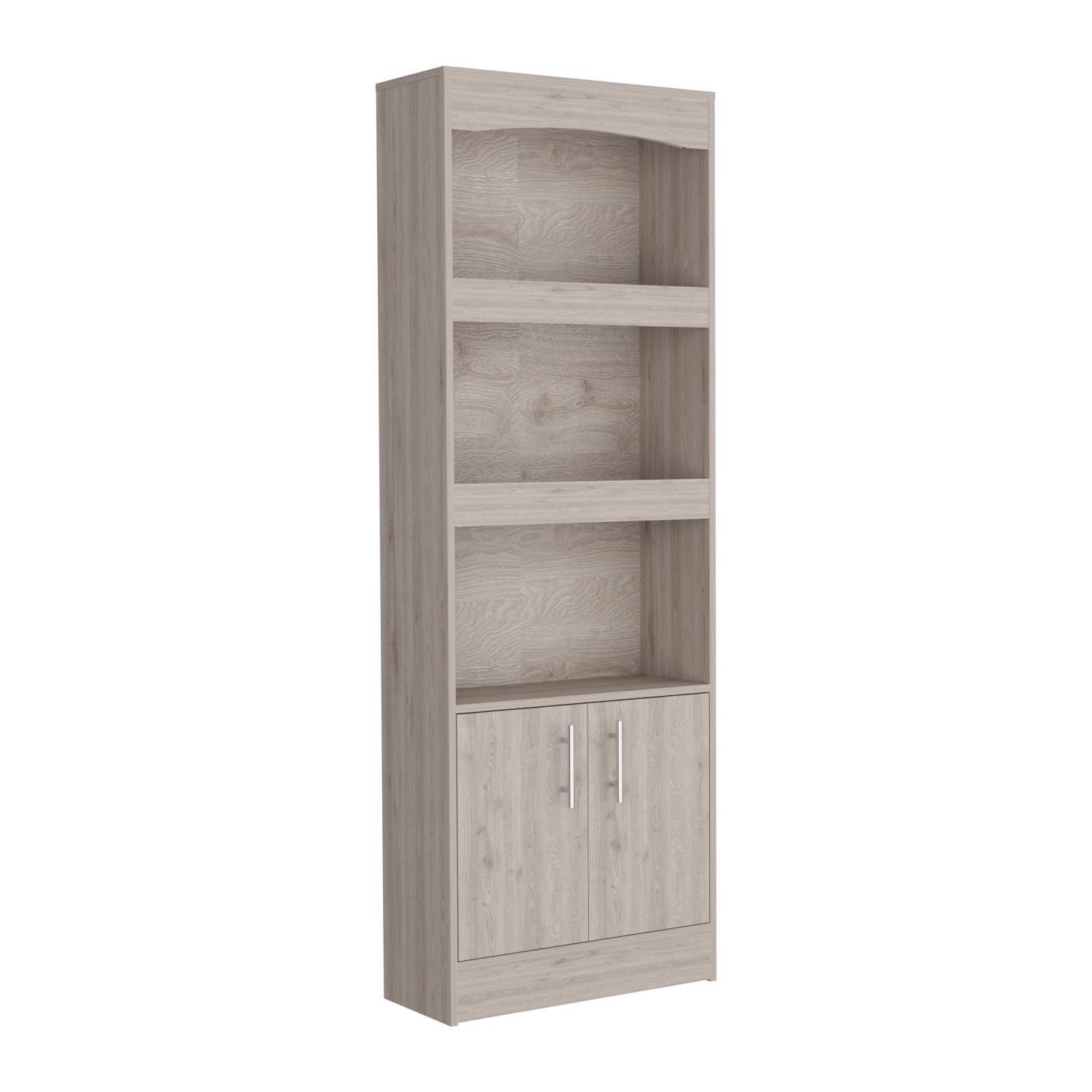 Tall light wood grain bookshelf with three open shelves and a twodoor cabinet base