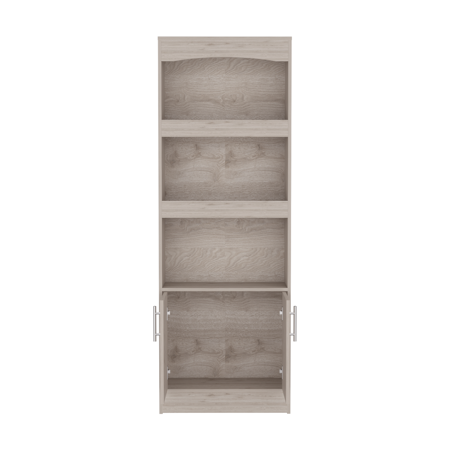 Light oak tall cabinet with open shelves and two lower doors
