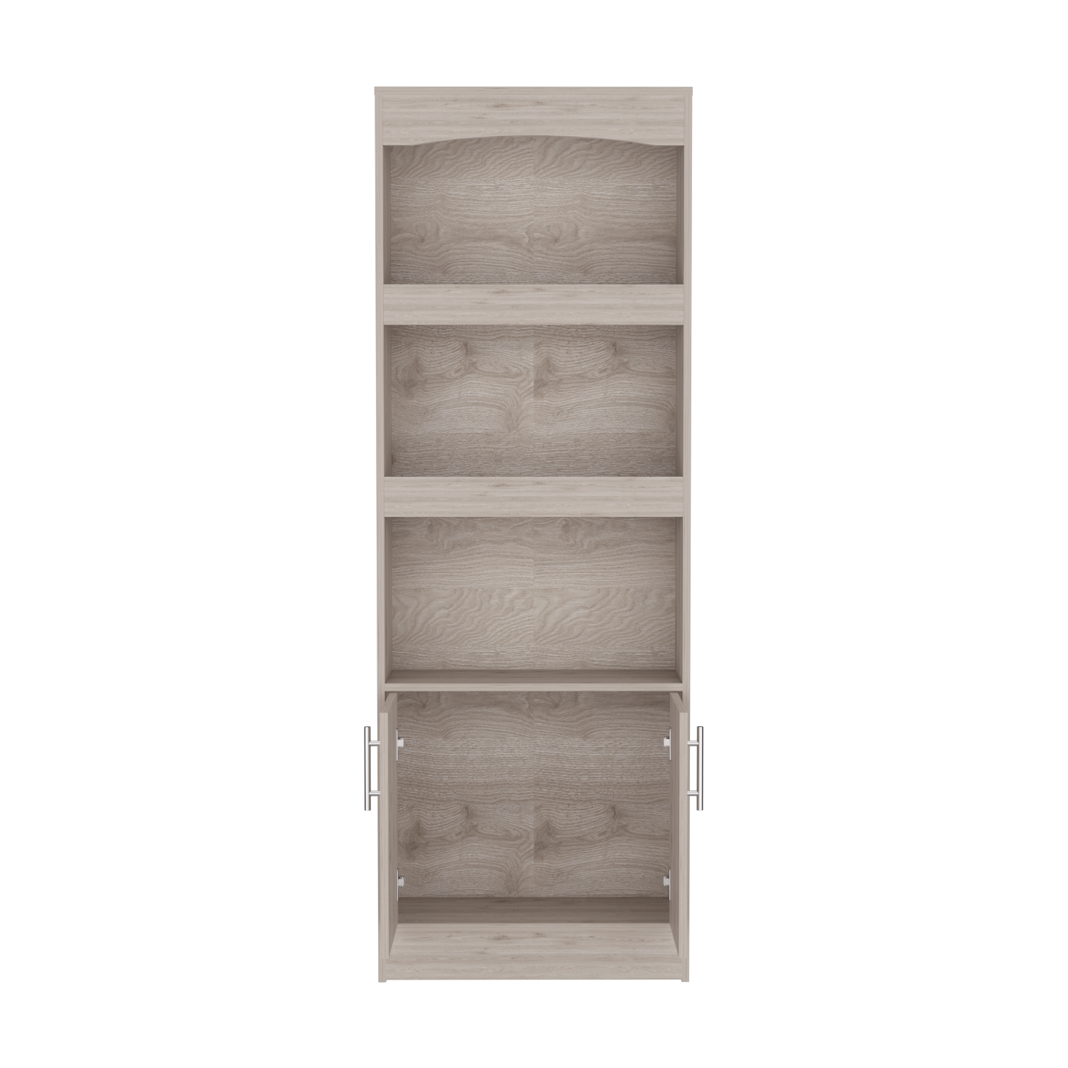 Light oak tall cabinet with open shelves and two lower doors