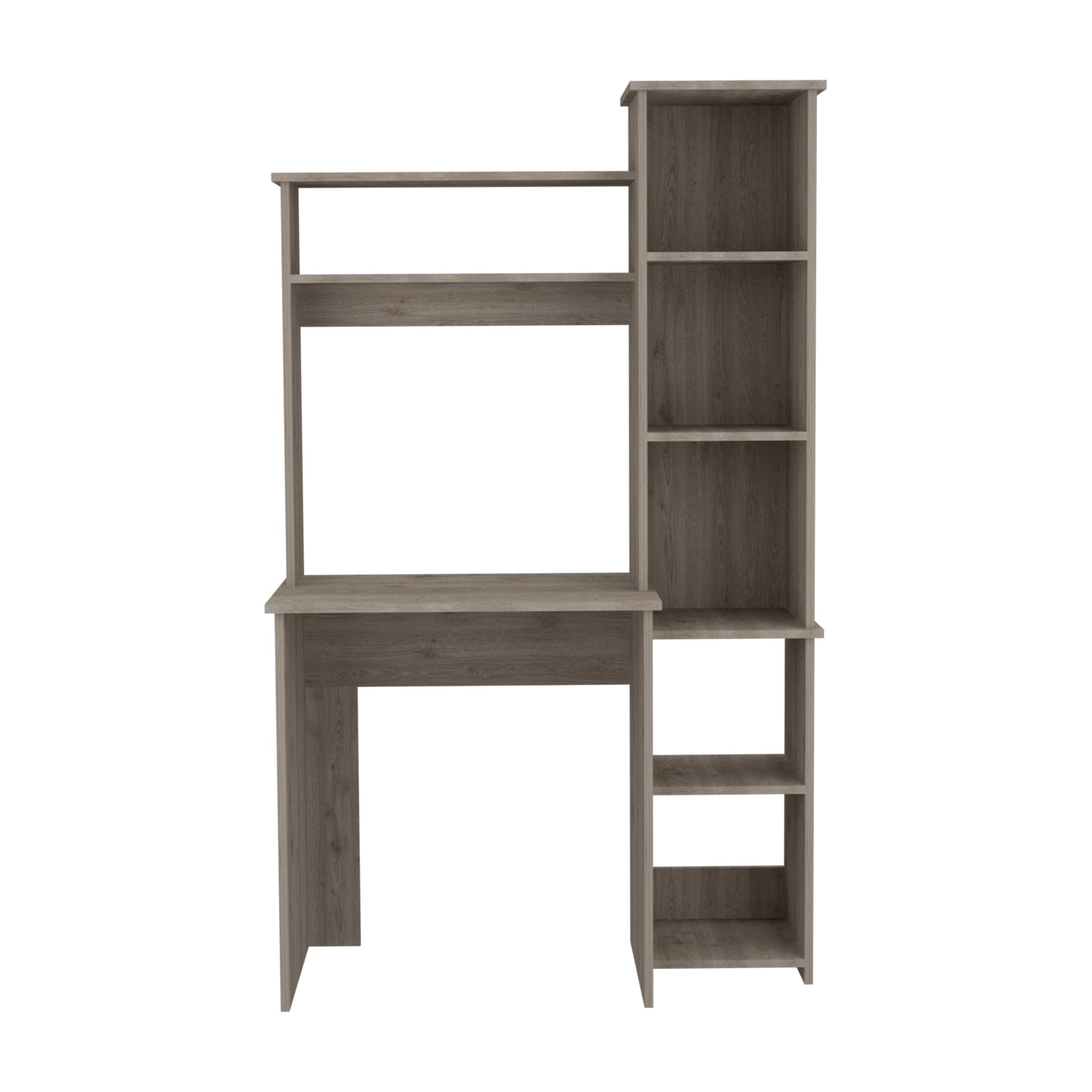 Gray wood grain computer desk with integrated shelving and hutch