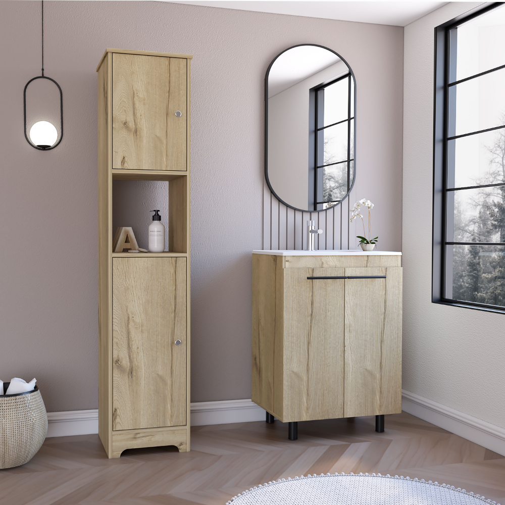 Tall natural wood bathroom linen cabinet with open shelf for storage