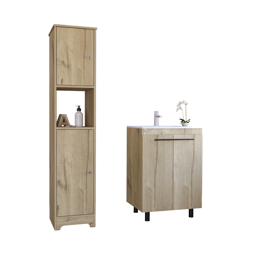 Light oak tall bathroom storage cabinet with open shelf