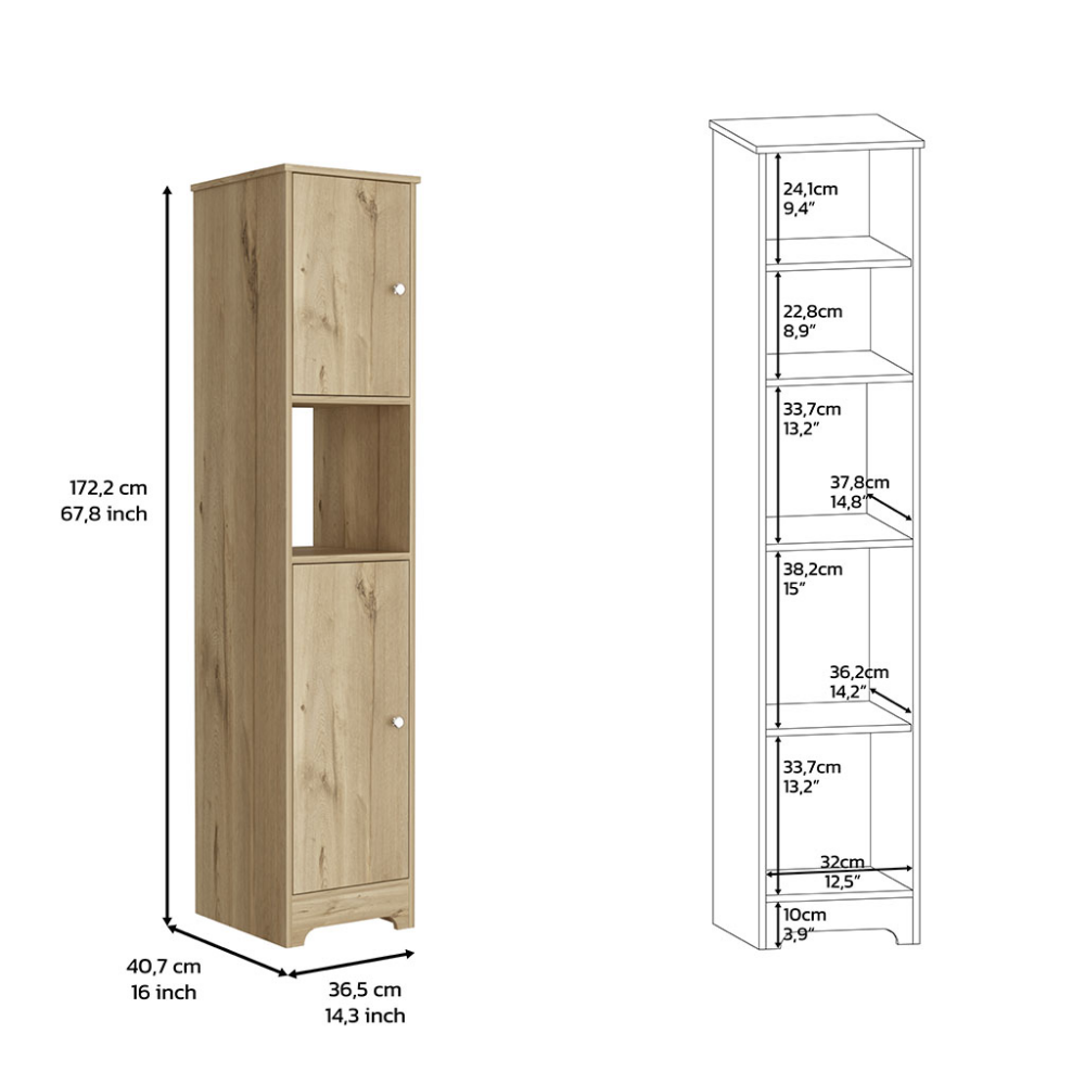 Tall oak veneer storage cabinet with two doors and an open shelf