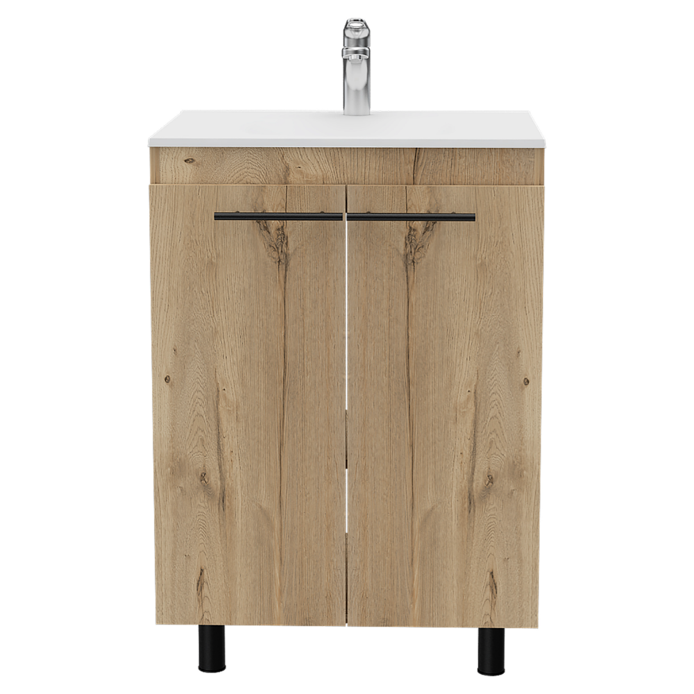 Modern oak bathroom vanity with white countertop and chrome faucet