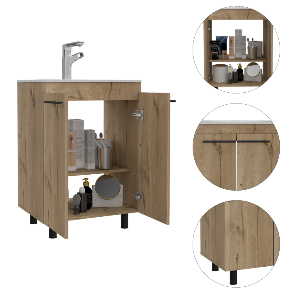 Light oak finish vanity cabinet with modern chrome faucet and open storage
