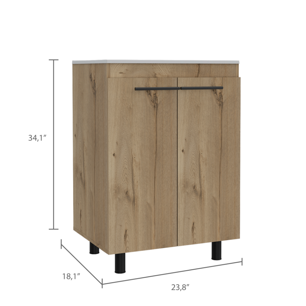 Tall narrow oak cabinet with double doors and black handles