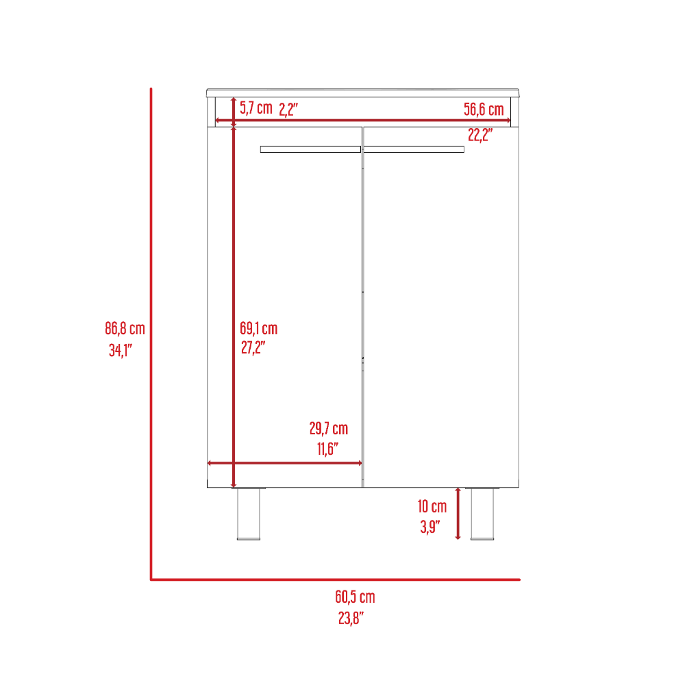 Diagram of a modern twodoor cabinet  cm wide with detailed dimensions for height and depth