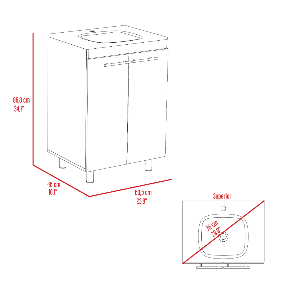Line drawing of a white bathroom vanity cabinet with two doors and chrome handles  cm tall