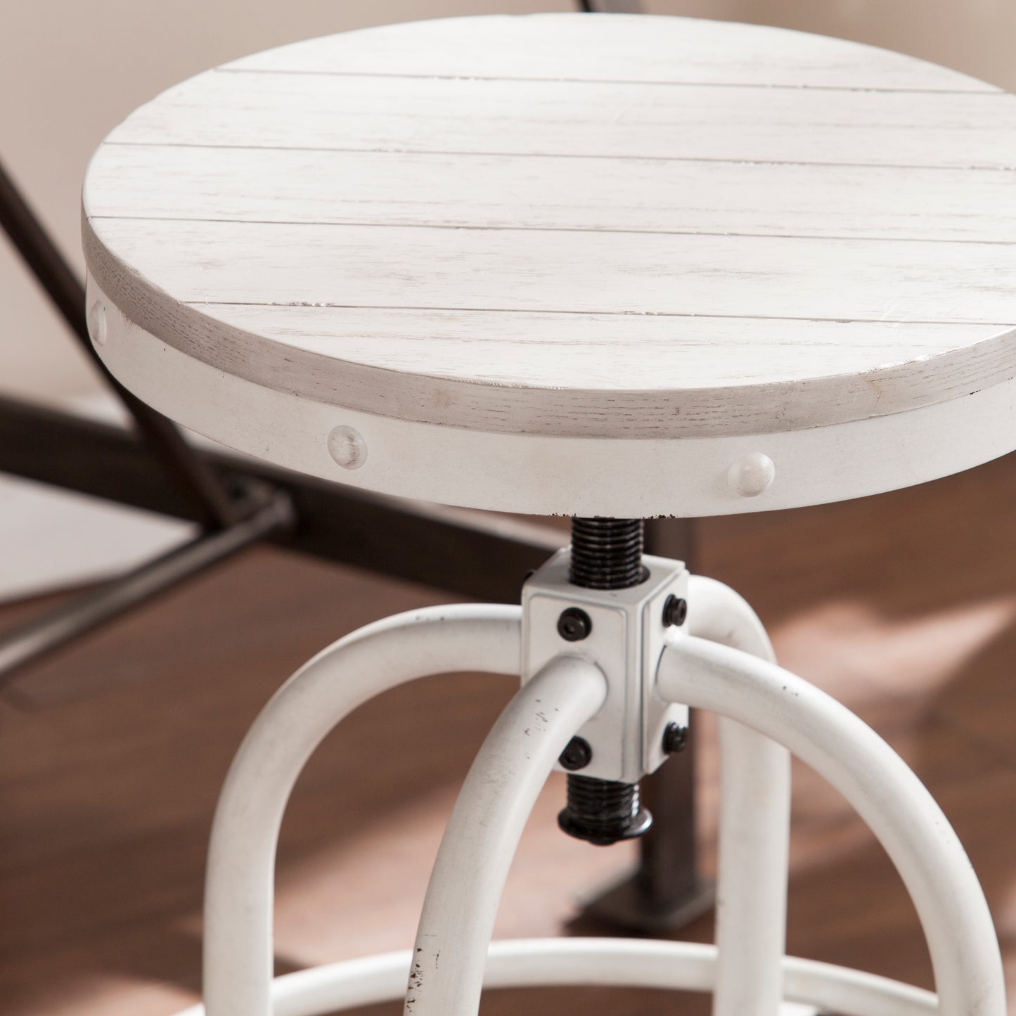 White distressed wood top adjustable stool with industrial metal base