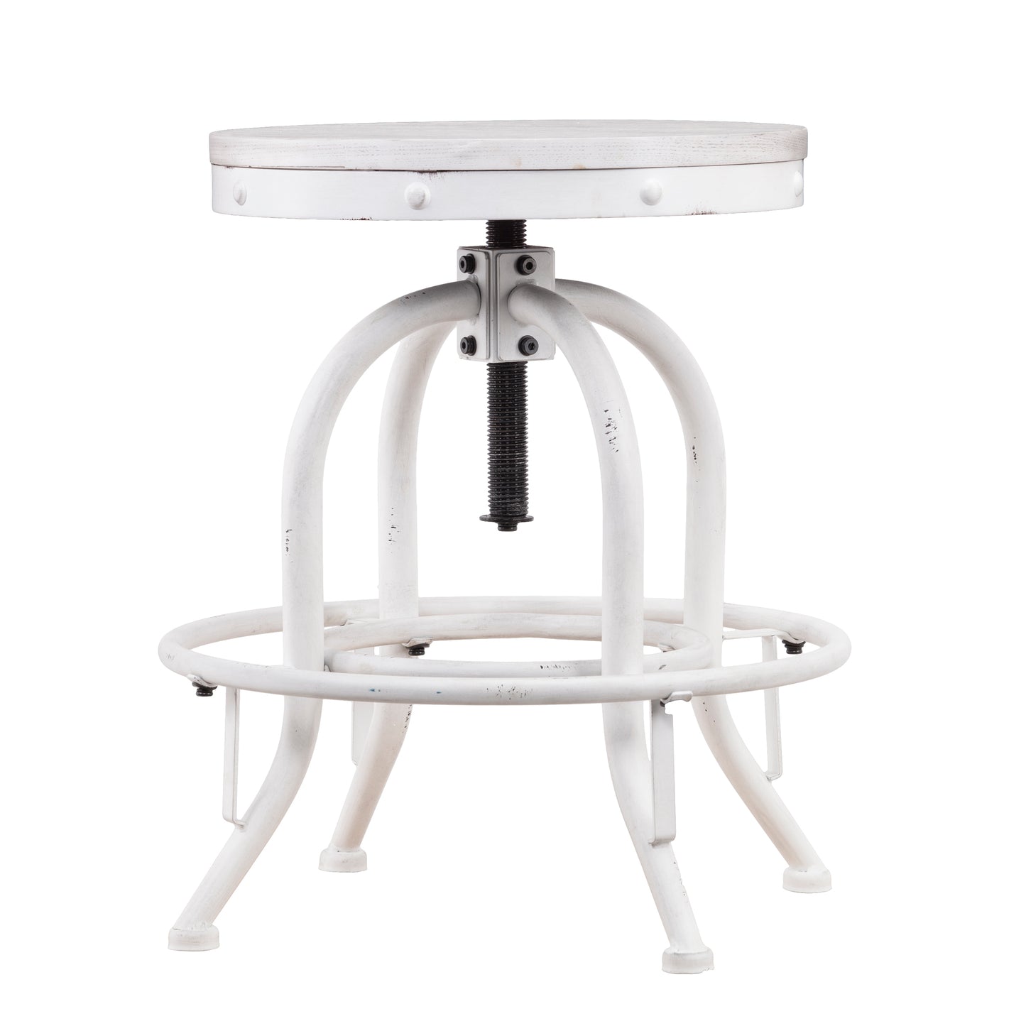 White adjustable stool with distressed wood seat and metal frame for industrial style seating