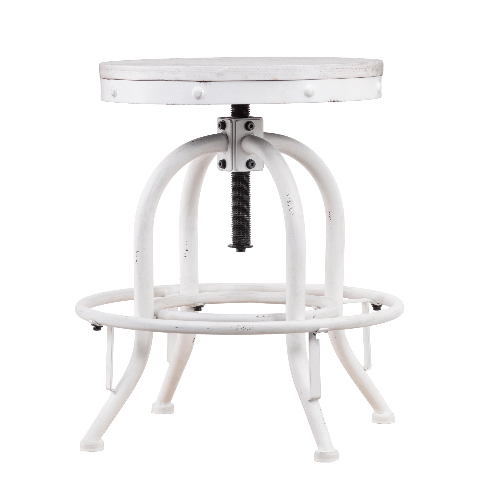 White adjustable stool with distressed wood seat and metal frame for industrial style seating